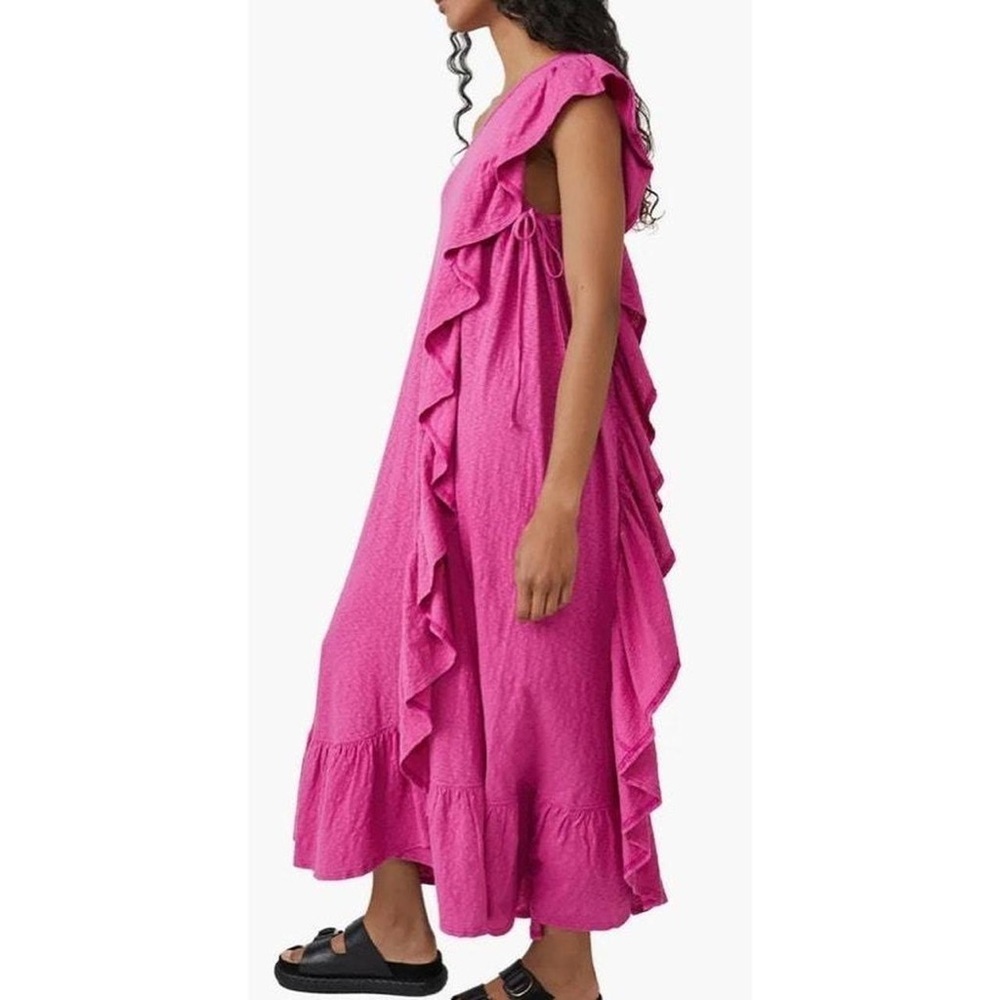 Free People Ruffle One Shoulder Maxi Dress sz M Raspberry - Picture 3 of 11
